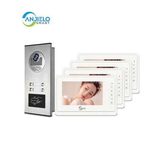 AnjieloSmart 4 Wired Video Intercom System for Apartment, 8 Units 7" Monitor, Indoor Outdoor Video Doorbell, ID Card Unlock, Two-Way Audio, 6 Screens for