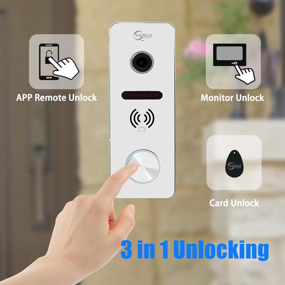 Anjielo Smart Home Wireless Video Smart Video Intercom System 7 Inch Touch Key 1080P Camera 160° Angle WiFi Tuya IC Card Unlocking Motion Detect Night Vision for Home Apartment(Wired)