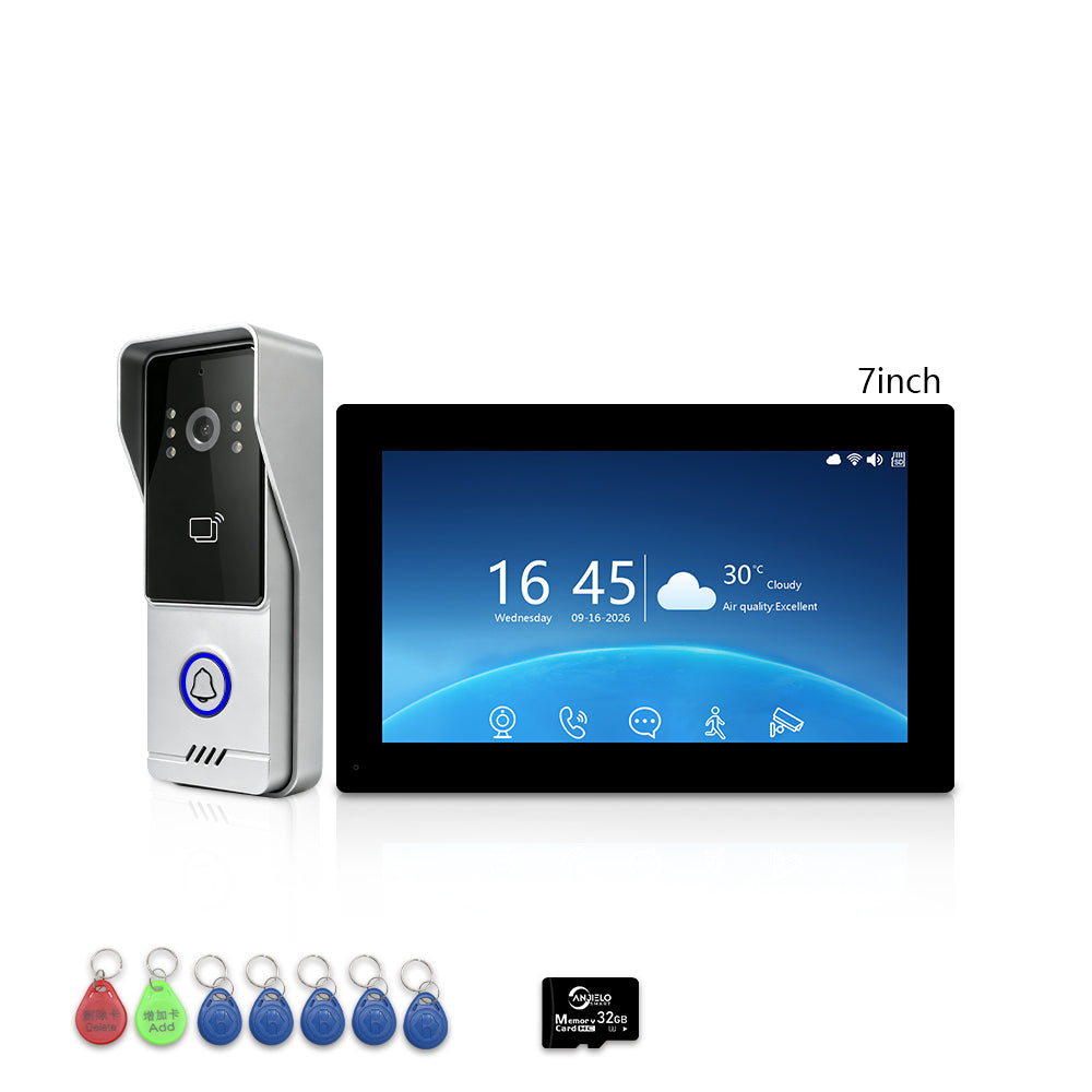 ANJIELO 2-Wire Tuya Smart Video Intercom System, 7/10 Inch Touch Indoor Monitor, 1080P Wired Doorbell with RFID Card Unlock, Night Vision, Motion Detection, IP65 Outdoor Camera, Remote Unlock via Smart Life App