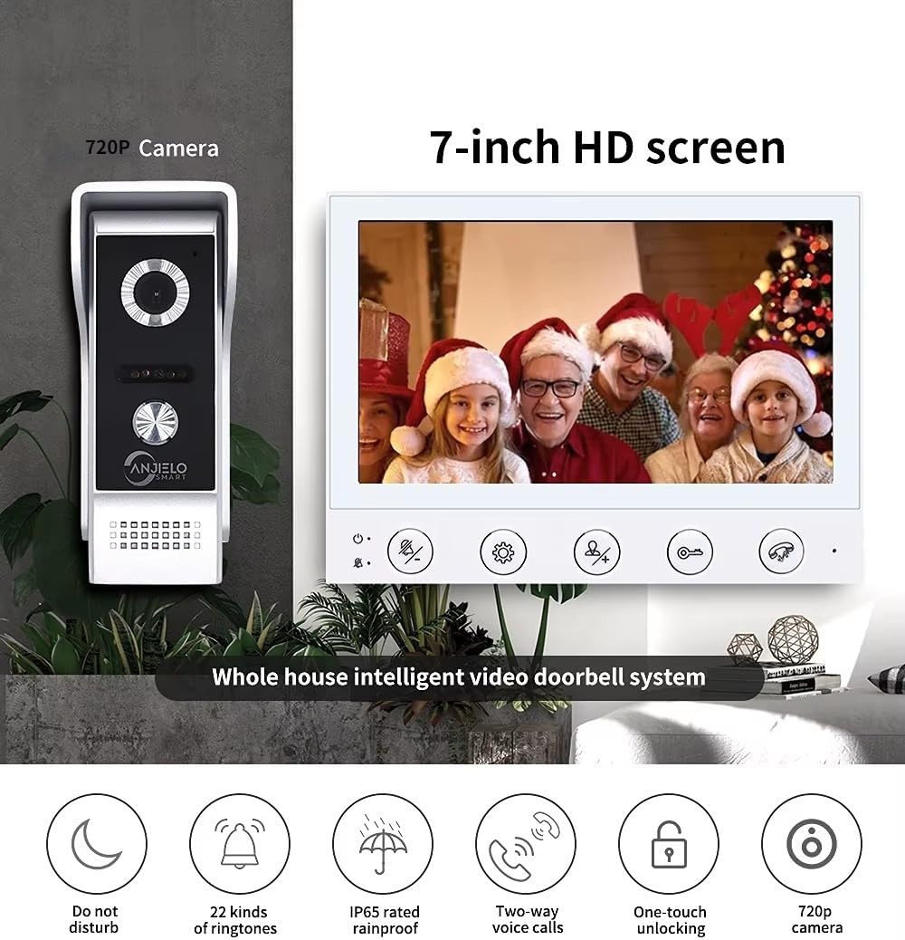 ANJIELO SMART HOME Wired Video Intercom System,7 Inch Monitor,HD Camera Kits,IR Outdoor Camera Support Monitoring,Unlock, 2 Way Intercom,Mute