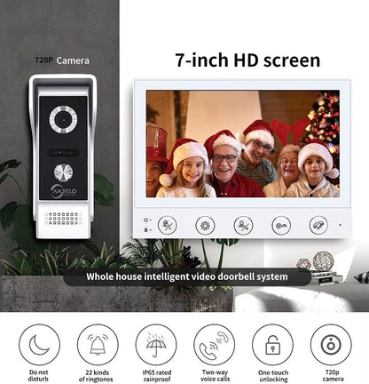 ANJIELO SMART HOME Wired Video Intercom System,7 Inch Monitor,HD Camera Kits,IR Outdoor Camera Support Monitoring,Unlock, 2 Way Intercom,Mute