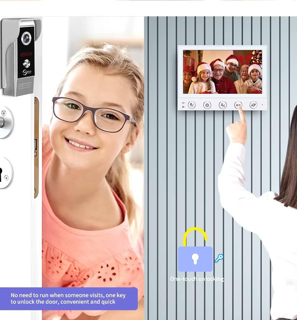 ANJIELO SMART HOME Wired Video Intercom System,7 Inch Monitor,HD Camera Kits,IR Outdoor Camera Support Monitoring,Unlock, 2 Way Intercom,Mute