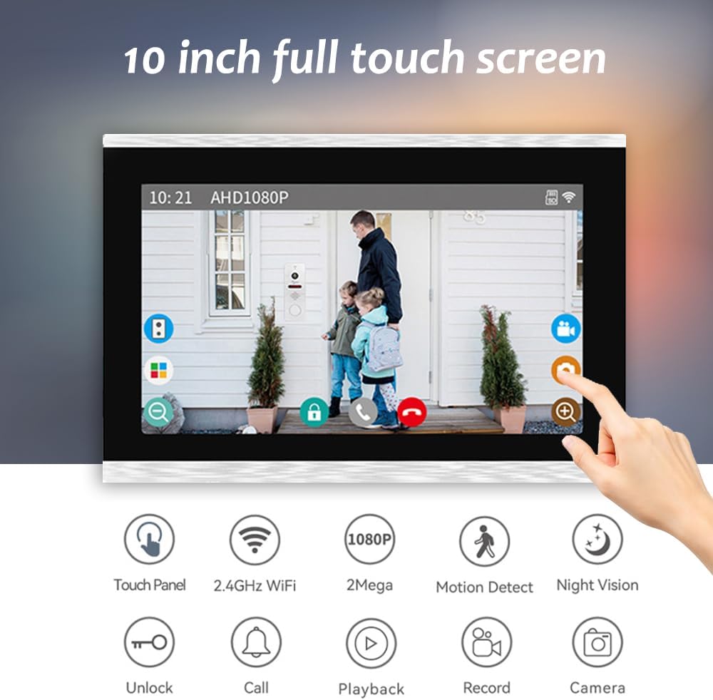 ANJIELO SMART HOME TUYA Video Doorbell Intercom(Wired), 1080P Video Doorbell Camera with 10" Touch Screen Monitor,Support Motion Detection, Multiple Unlocking Methods, 2 Cameras