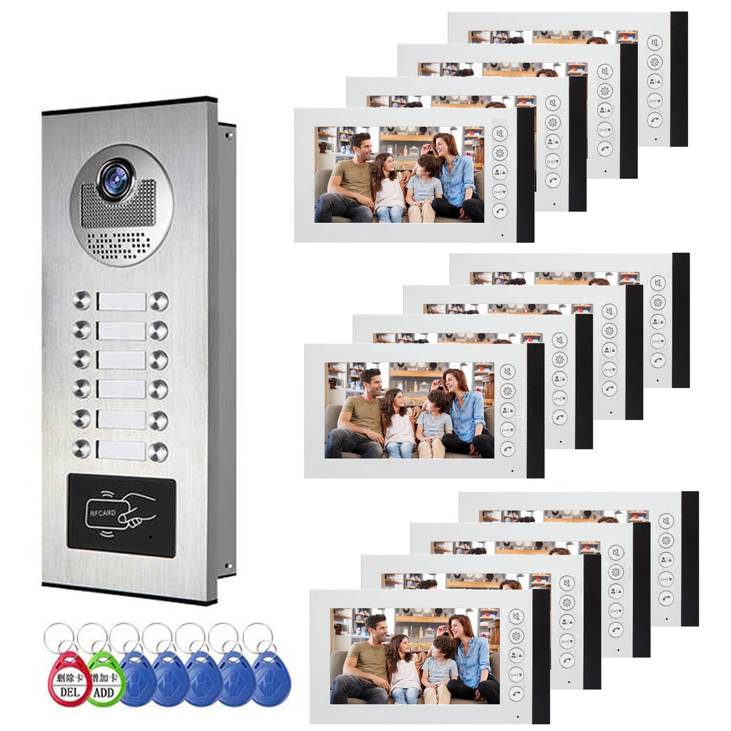 Anjielo Smart Home Wired Video Multi-family Apartment Intercom System,2/3/4/6/8/10/12 Units 7 inch Monitor Video Door Phone Kit,Indoor Outdoor Video Doorbell, ID Card Unlock, 2 Way Audio for Home and Villa