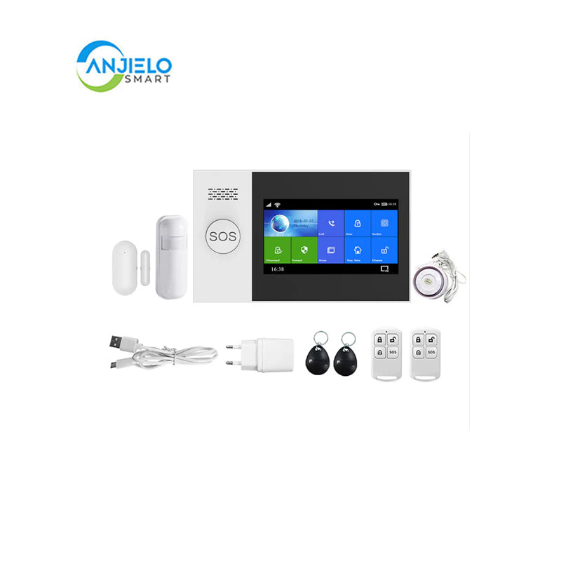 AnjieloSmart 4.3 Inch 433MHZ WIFI GSM Home Wireless Security Burglar Alarm System Kits Monitor Motion Sensor Tuya APP IP Camera 10 Languages