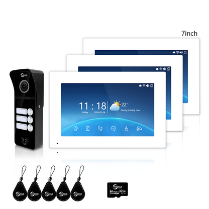 Tuya Smart 4-Family Video Intercom Doorbell System | 1080P 148° Wide Angle Camera, RFID Card Unlock, 4 Indoor Touch Monitors, Motion Detection, Night Vision, Video Record Playback, Background Music & Digital Photo Frame