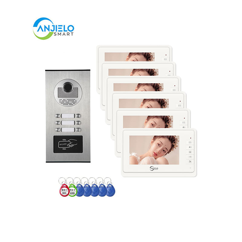 AnjieloSmart 4 Wired Video Intercom System for Apartment, 8 Units 7" Monitor, Indoor Outdoor Video Doorbell, ID Card Unlock, Two-Way Audio, 6 Screens for