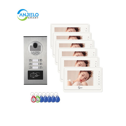 AnjieloSmart 4 Wired Video Intercom System for Apartment, 8 Units 7" Monitor, Indoor Outdoor Video Doorbell, ID Card Unlock, Two-Way Audio, 6 Screens for