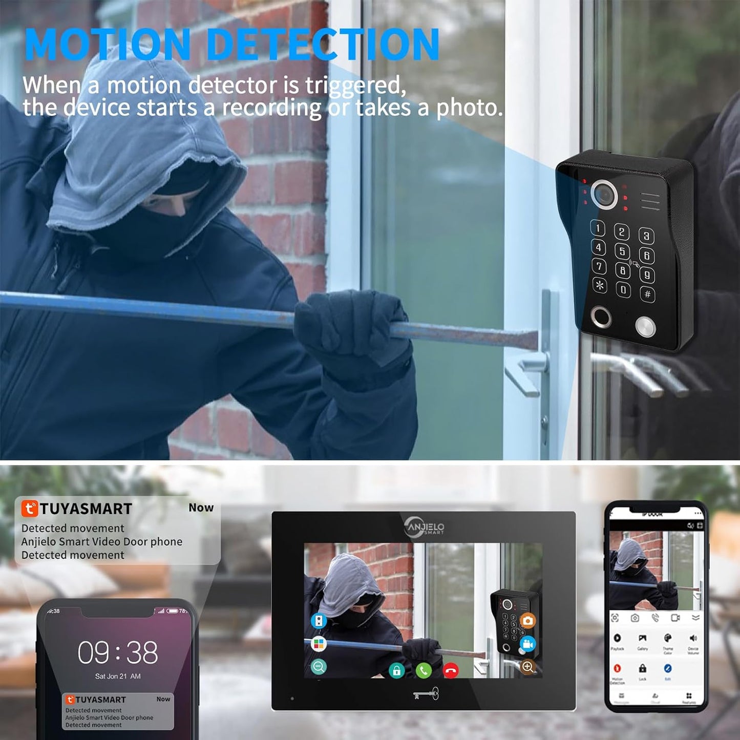 Anjielo WiFi Video Door Phone Apartment Intercom System Wired Touch Screen Monitor with 1080P HD Doorbell Camera,Supporting 5 in 1 Unlcking,Motion Detecting Tuya for Home Villa