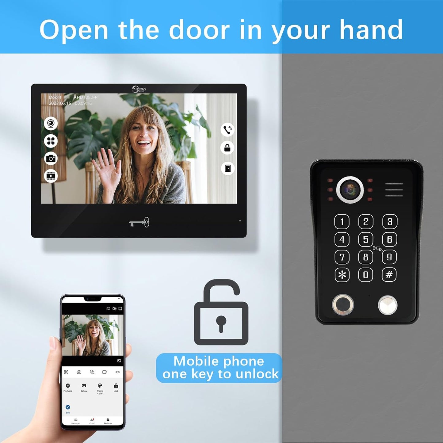 Anjielo WiFi Video Door Phone Apartment Intercom System Wired Touch Screen Monitor with 1080P HD Doorbell Camera,Supporting 5 in 1 Unlcking,Motion Detecting Tuya for Home Villa