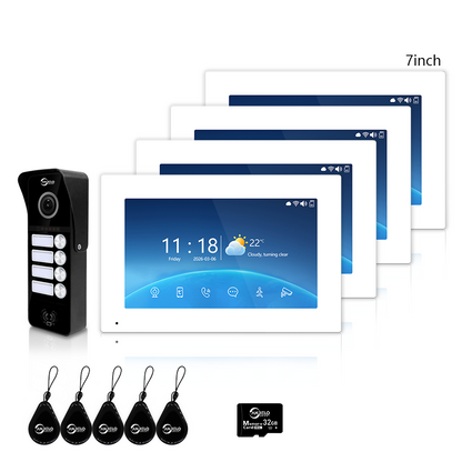 Tuya Smart 4-Family Video Intercom Doorbell System | 1080P 148° Wide Angle Camera, RFID Card Unlock, 4 Indoor Touch Monitors, Motion Detection, Night Vision, Video Record Playback, Background Music & Digital Photo Frame