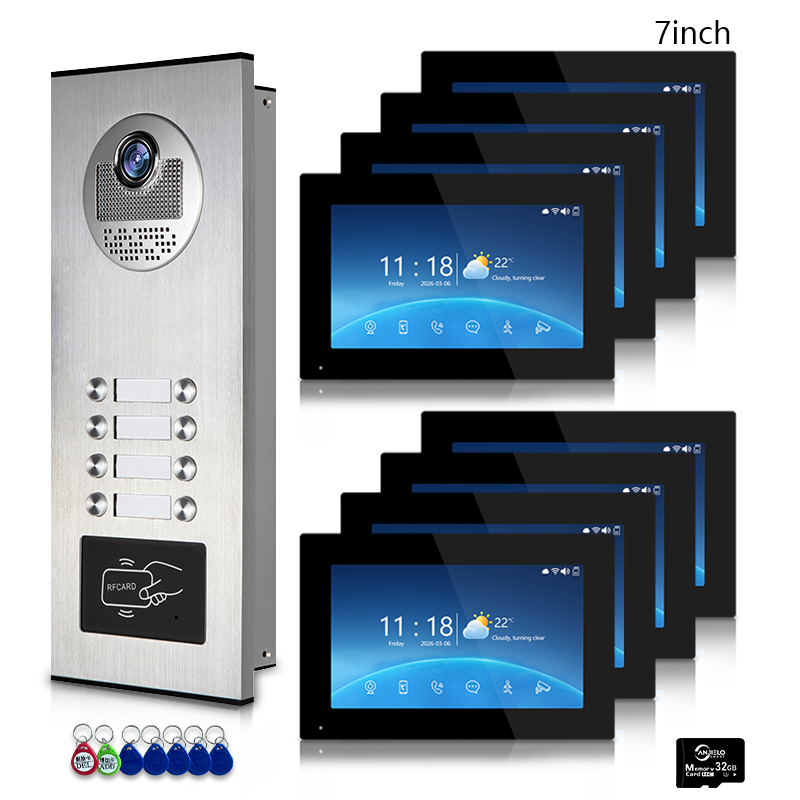 Multi-Family 4-Wire Video Intercom Doorbell System, 1080P HD Camera, 3 Unlock Methods, Tuya Smart App, 2-12 Units, Night Vision & Motion Detection