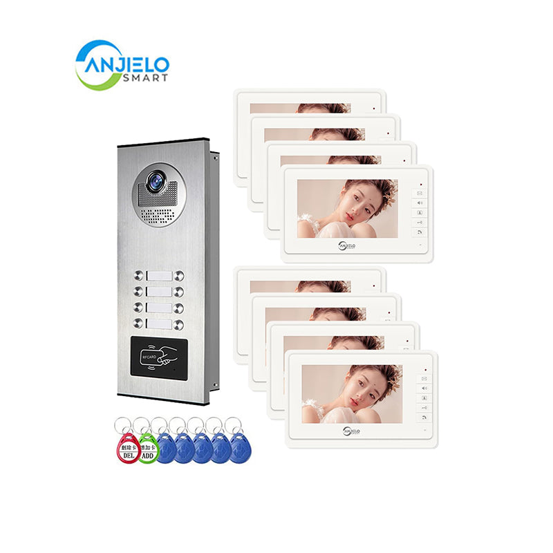 AnjieloSmart 4 Wired Video Intercom System for Apartment, 8 Units 7" Monitor, Indoor Outdoor Video Doorbell, ID Card Unlock, Two-Way Audio, 6 Screens for