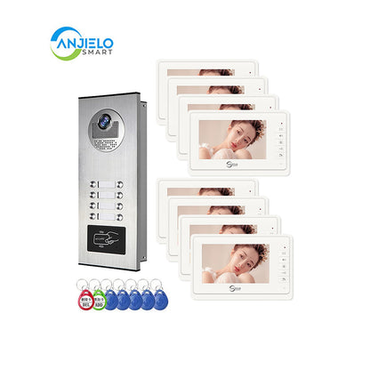 AnjieloSmart 4 Wired Video Intercom System for Apartment, 8 Units 7" Monitor, Indoor Outdoor Video Doorbell, ID Card Unlock, Two-Way Audio, 6 Screens for