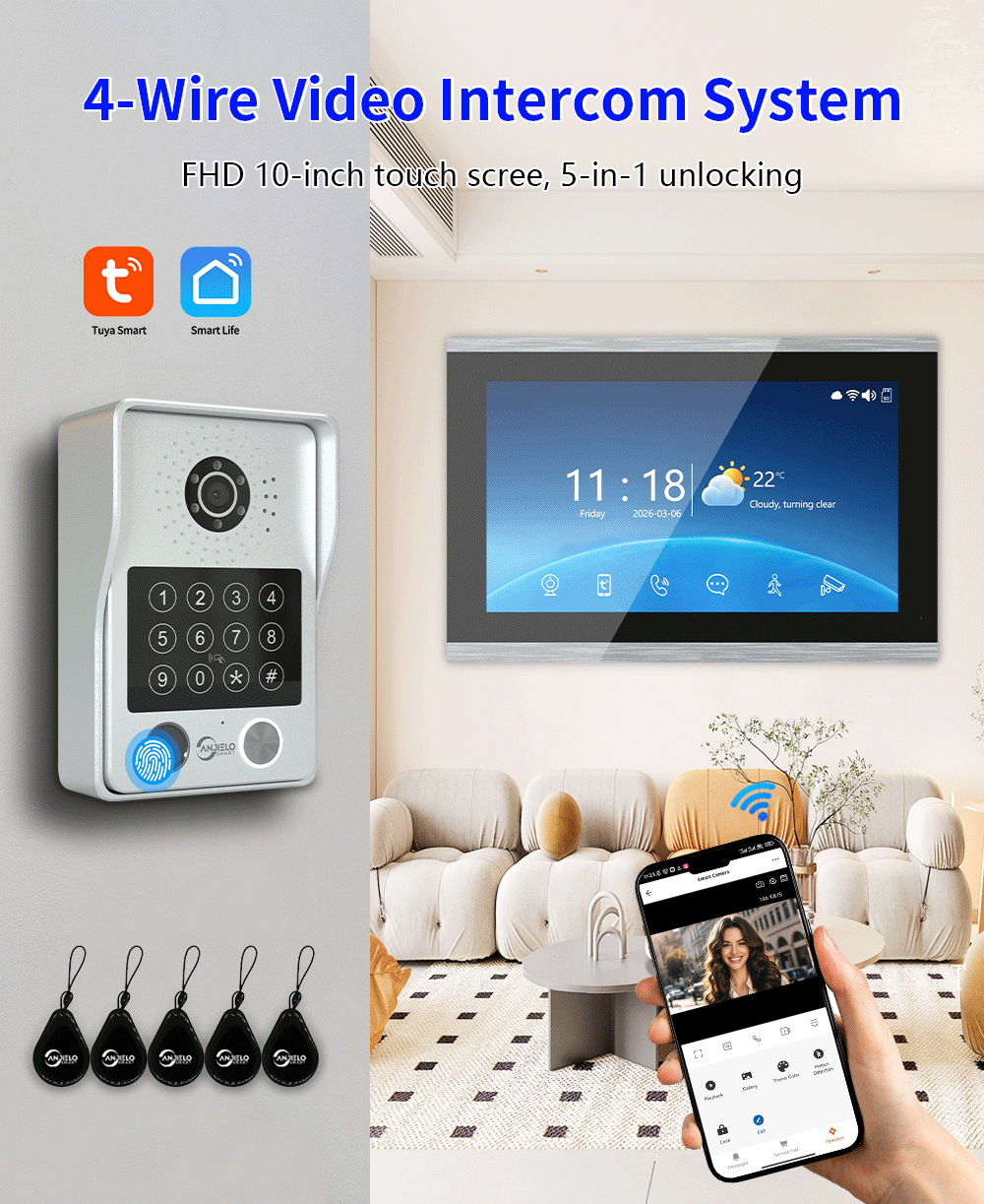 Anjielo Newest 4 wire Video Intercom System With Photo Frame Video Doorbell Motion Detection 5 in 1 unlocking Video Doorphone with Infrared Night Vision for Home and Villa