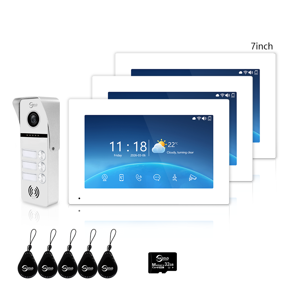 Tuya Smart 4-Family Video Intercom Doorbell System | 1080P 148° Wide Angle Camera, RFID Card Unlock, 4 Indoor Touch Monitors, Motion Detection, Night Vision, Video Record Playback, Background Music & Digital Photo Frame