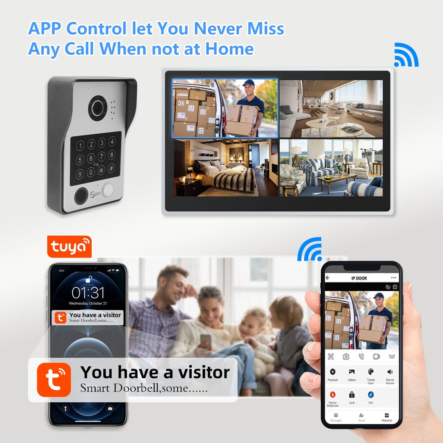 Anjielo Smart Tuya iDVR 1080P HD Wi-Fi Video Doorbell with 15.6" Display - Four Channel Split Screen Security System for Smart Homes