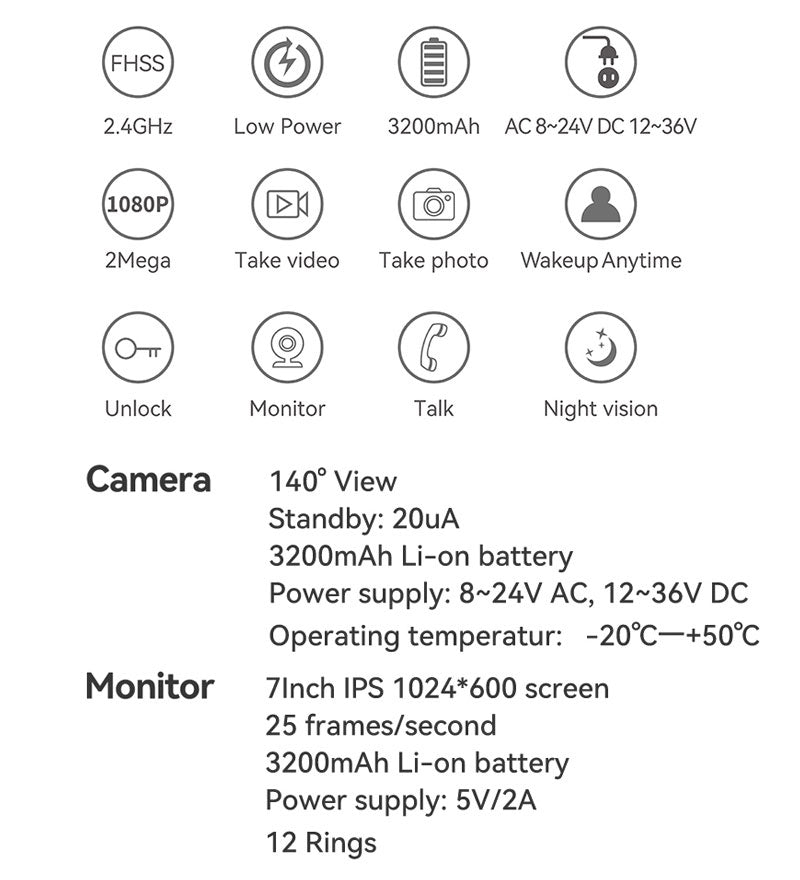 Anjielo 2.4Ghz Long Range Coverage 7 Inch HD 1080P Doorbell Wireless Video Intercom 2MP Door Phone Unlock Monitor 140° Home Security