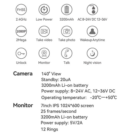 Anjielo 2.4Ghz Long Range Coverage 7 Inch HD 1080P Doorbell Wireless Video Intercom 2MP Door Phone Unlock Monitor 140° Home Security