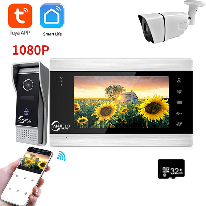 Anjielo Smart Home Tuya 7 Inch Video Doorbell Smart Intercom With Wifi Camera Peephole Viewer Two-way Audio Night Vision For Smart Home Apartment