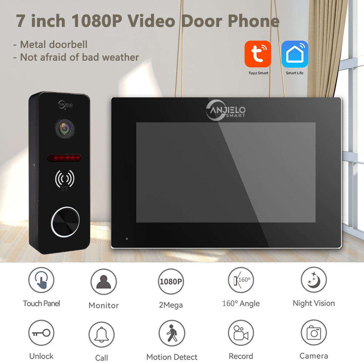 Anjielo Smart Home Tuya 7/10 Inch Video Wifi Intercom Tuya Smart Home video doorbell System 1080P Wide View Angle Wired Doorbell Camera Full Touch Monitor