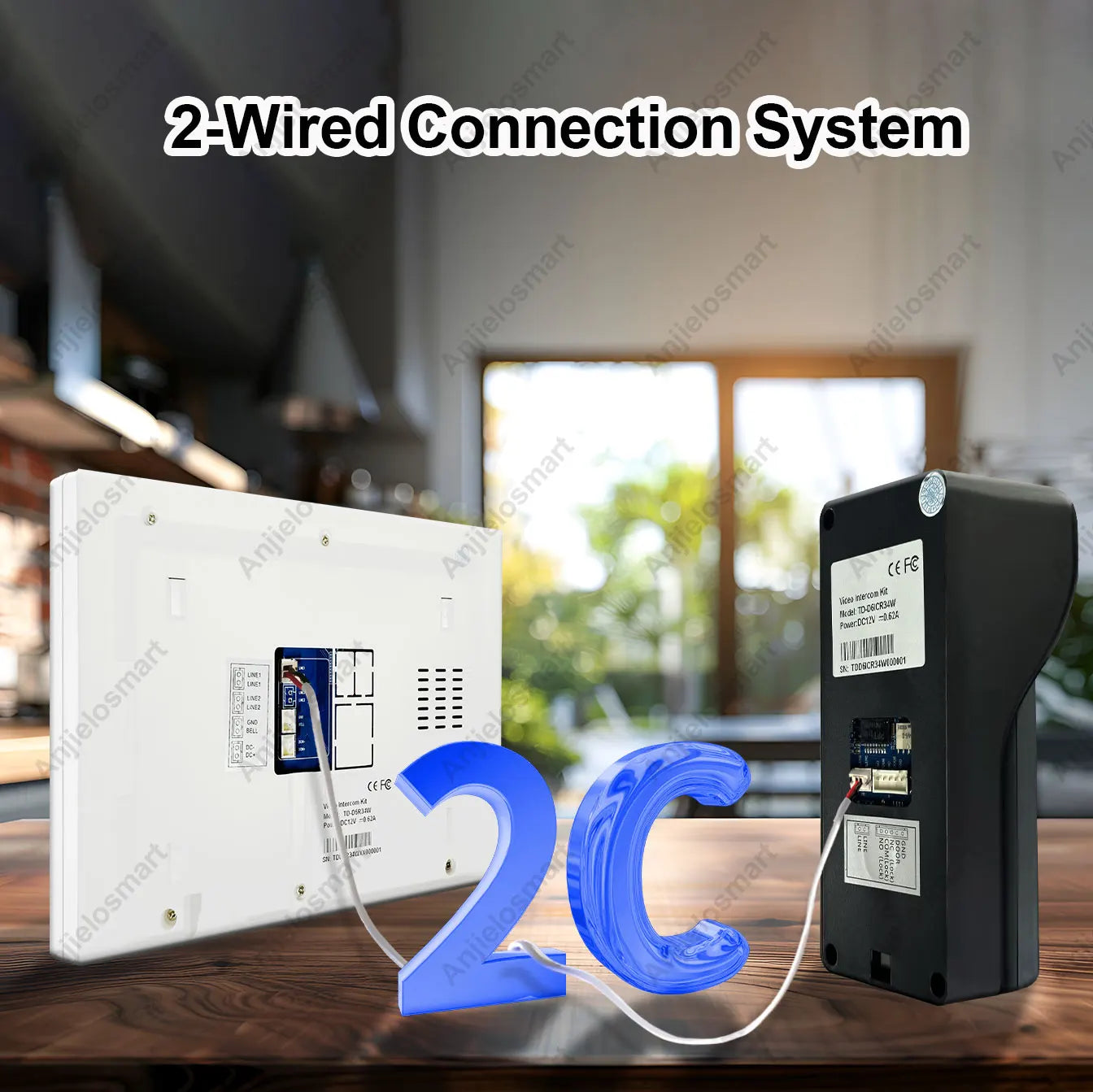 Anjielo Smart Home 1080P Tuya Wifi 2 Wired Video Doorphone Intercom System for Home