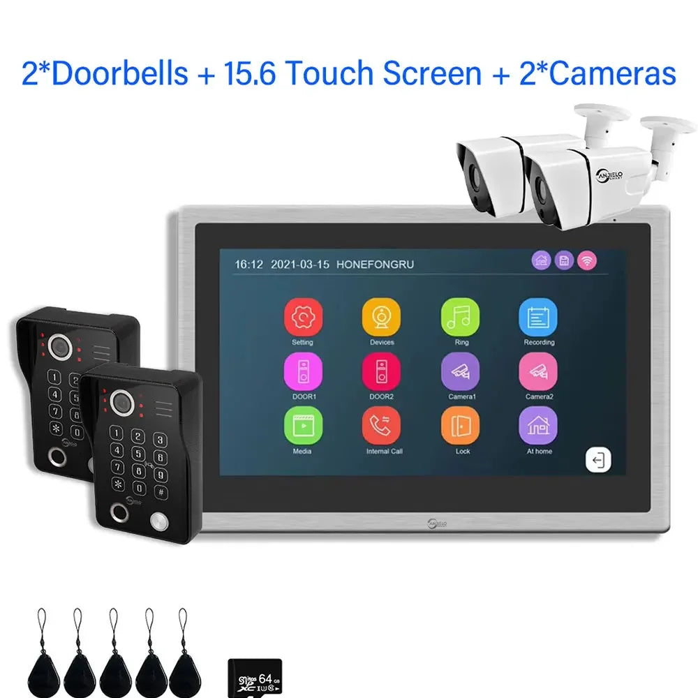Anjielo Smart Home Tuya Smart Video Intercom with Camera 4CH 15.6inch Touch Screen IDVR 1080P Ddoorbell Intercoms For Apartment