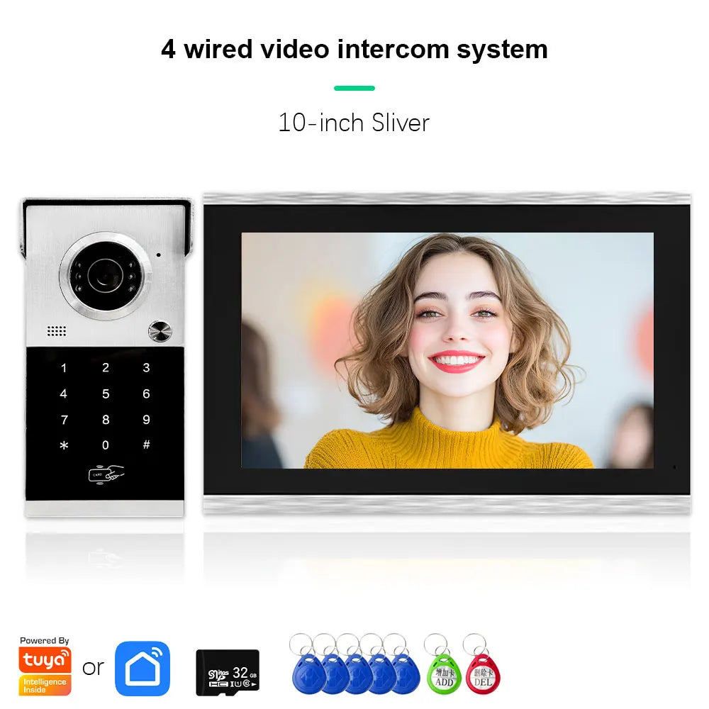 ANJIELO Metal Doorbell Video Intercom for System 10 inch Touch Screen 4in1 Unlock Romote Safety Protection Tuya Smart