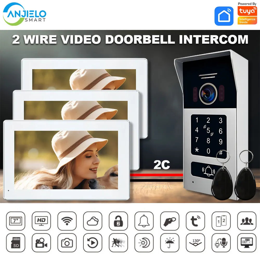 Anjielo Smart Home 2 Wire BUS Video Intercom Doorbell Camera 1080P 7/10 Inch Touch Monitor With RFID Card Access Doorphone System For Home Villa