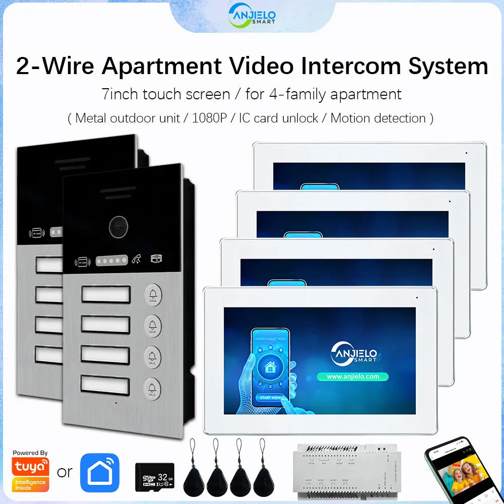 Anjielo Smart Home 2 Wire Doorbell Video Intercom System for 4-family Apartment with 7 inch Touch Screen 1080P Card Unlock Tuya Smart