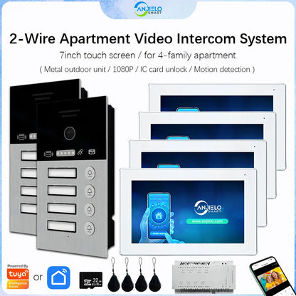 Anjielo Smart Home 2 Wire Doorbell Video Intercom System for 4-family Apartment with 7 inch Touch Screen 1080P Card Unlock Tuya Smart