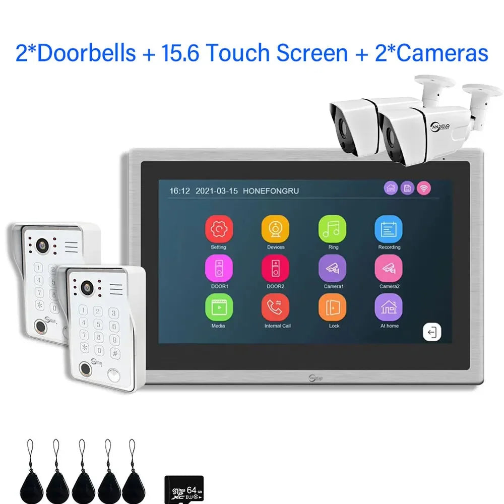 Anjielo Smart Home Tuya Smart Video Intercom with Camera 4CH 15.6inch Touch Screen IDVR 1080P Ddoorbell Intercoms For Apartment