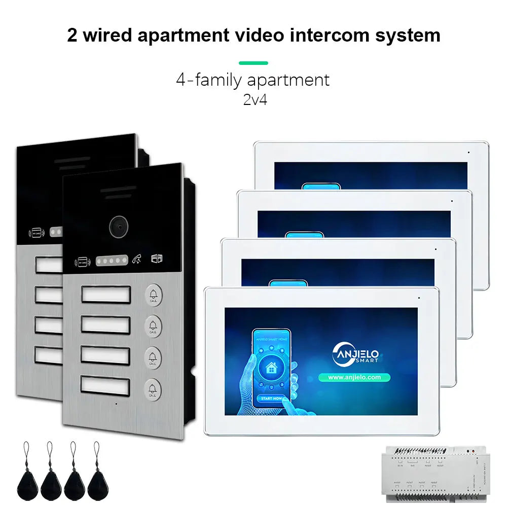Anjielo Smart Home 2 Wire Doorbell Video Intercom System for 4-family Apartment with 7 inch Touch Screen 1080P Card Unlock Tuya Smart