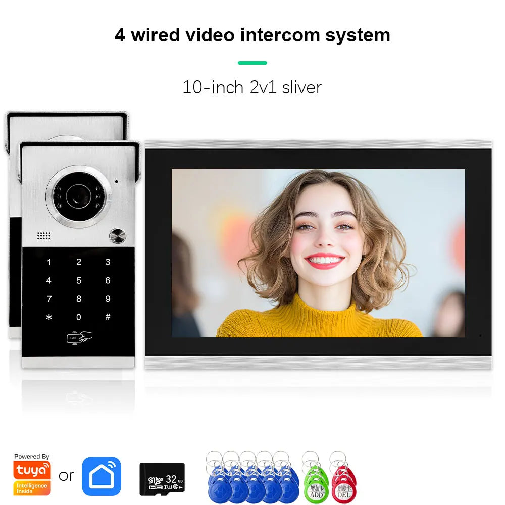 ANJIELO Metal Doorbell Video Intercom for System 10 inch Touch Screen 4in1 Unlock Romote Safety Protection Tuya Smart