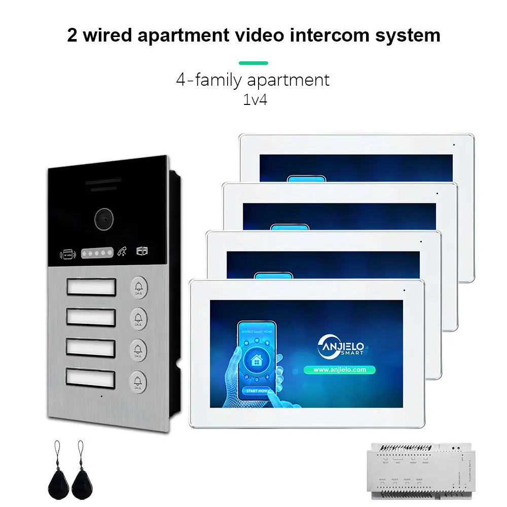 Anjielo Smart Home 2 Wire Doorbell Video Intercom System for 4-family Apartment with 7 inch Touch Screen 1080P Card Unlock Tuya Smart
