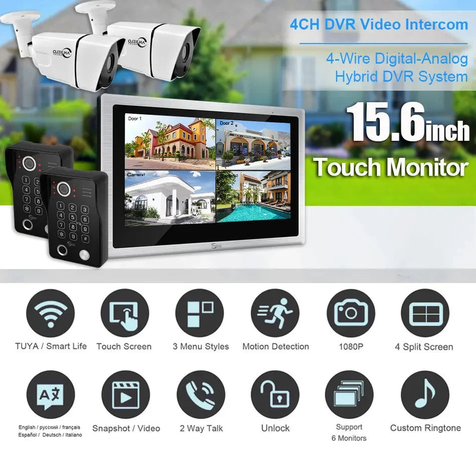Anjielo Smart Home Tuya Smart Video Intercom with Camera 4CH 15.6inch Touch Screen IDVR 1080P Ddoorbell Intercoms For Apartment