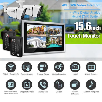 Anjielo Smart Home Tuya Smart Video Intercom with Camera 4CH 15.6inch Touch Screen IDVR 1080P Ddoorbell Intercoms For Apartment