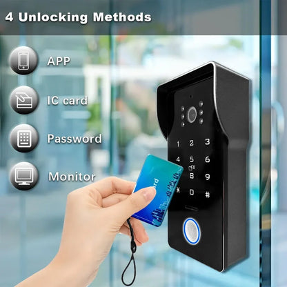 Anjielo Smart Home Tuya Smart IP 2-wired Doorbell Video Intercom System with 1080P HD Camera 7-inch Touch Screen and Dual Unlocking Function Via Password and IC Card for Secure and User-Friendly Home Access