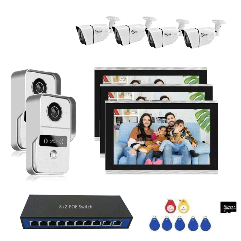 ANJIELO SMART WiFi IP Video Apartment Intercom System,1080P Camera and 3 PC 10 inch Touch Screen Monitor Wired Monitor,4 CCTV Camera and Door Phone Kit with 32G Card, Tuya