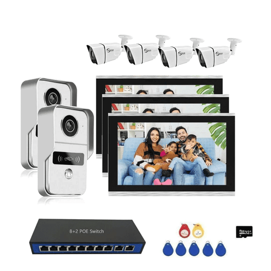 ANJIELO SMART WiFi IP Video Apartment Intercom System,1080P Camera and 3 PC 10 inch Touch Screen Monitor Wired Monitor,4 CCTV Camera and Door Phone Kit with 32G Card, Tuya